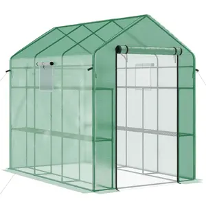 Outsunny 7' x 5' x 6' Walk-in Greenhouse for Outdoors with Mesh Door, 18 Shelf Hot House with Trellis, Plant Labels, UV Protective for Growing Flowers, Herbs, Vegetables, Saplings, Green
