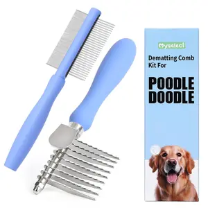 Dematting Comb for Doodles & Poodles, Dual-Sided Comb Tool for Long Curly Haired Dogs, Grooming Brush Kit for Removing Mats and Tangles, Stainless Steel, Beech Wood