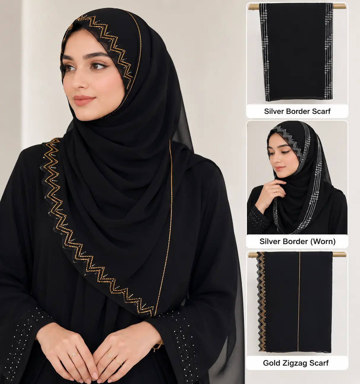 Women's Chiffon Silver Rhinestone Hijab - Gold Zigzag Lines, 3-Line Rhinestone Detailing, Hand Washable for Elegant Wear