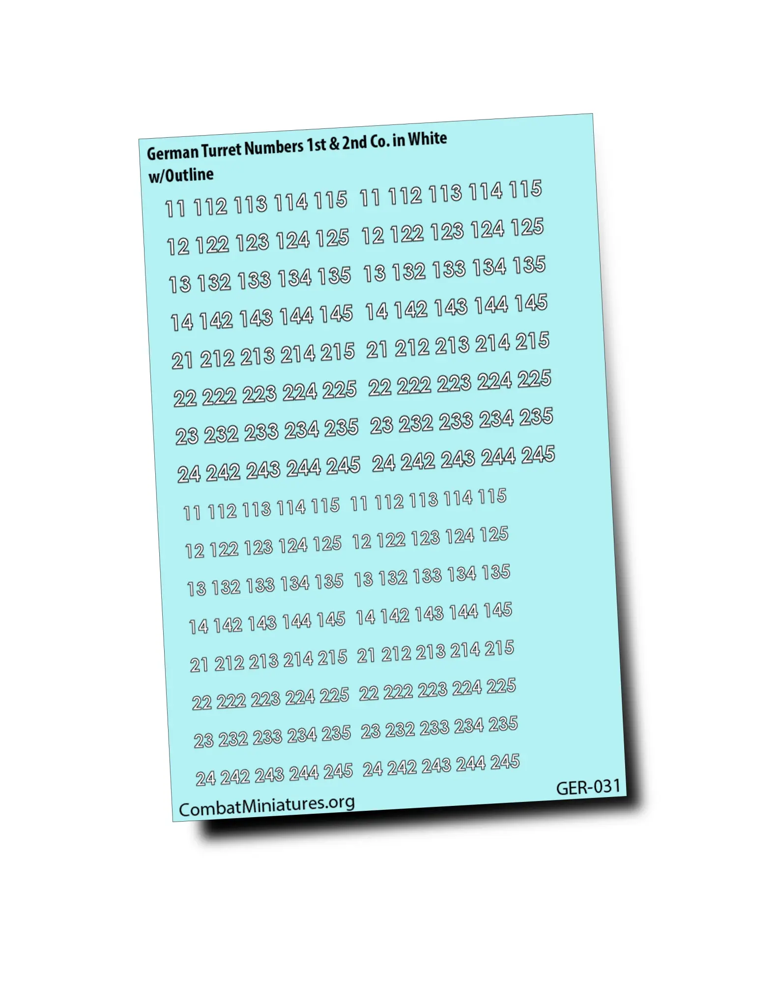 1/300-1/600 German Turret Numbers in White w/ Outline Waterslide Decals