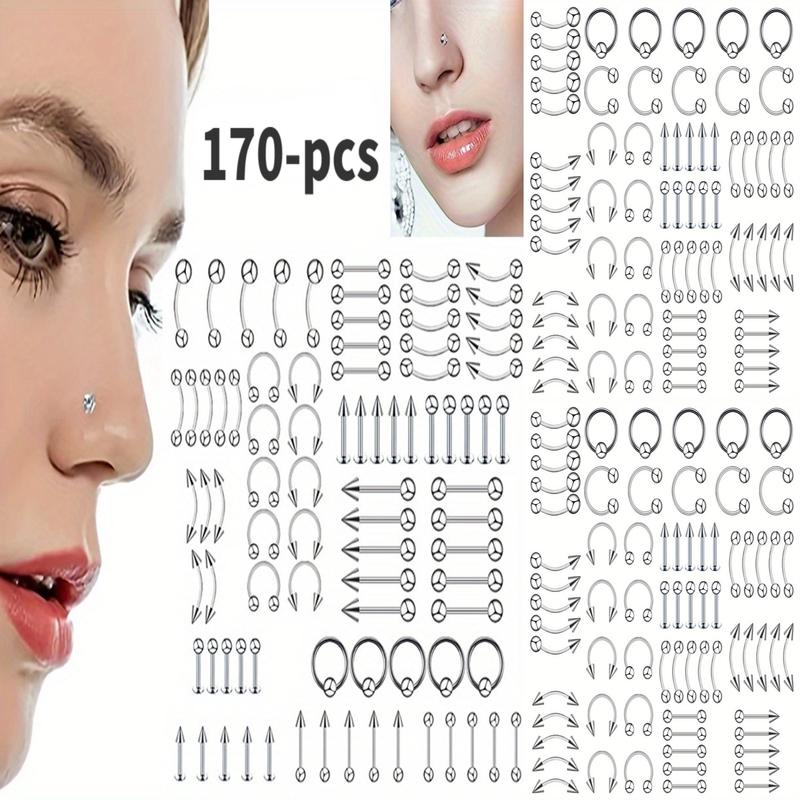 170PCS Classic Eyebrow Nail, Nose Ring, Nose Nail, Tongue Nail, Navel Nail, Eyebrow Puncture Nail Set Stainless Steel Mixed Nose Ring Nose Stud Jewelry Piercing Set Body Piercing Jewelry