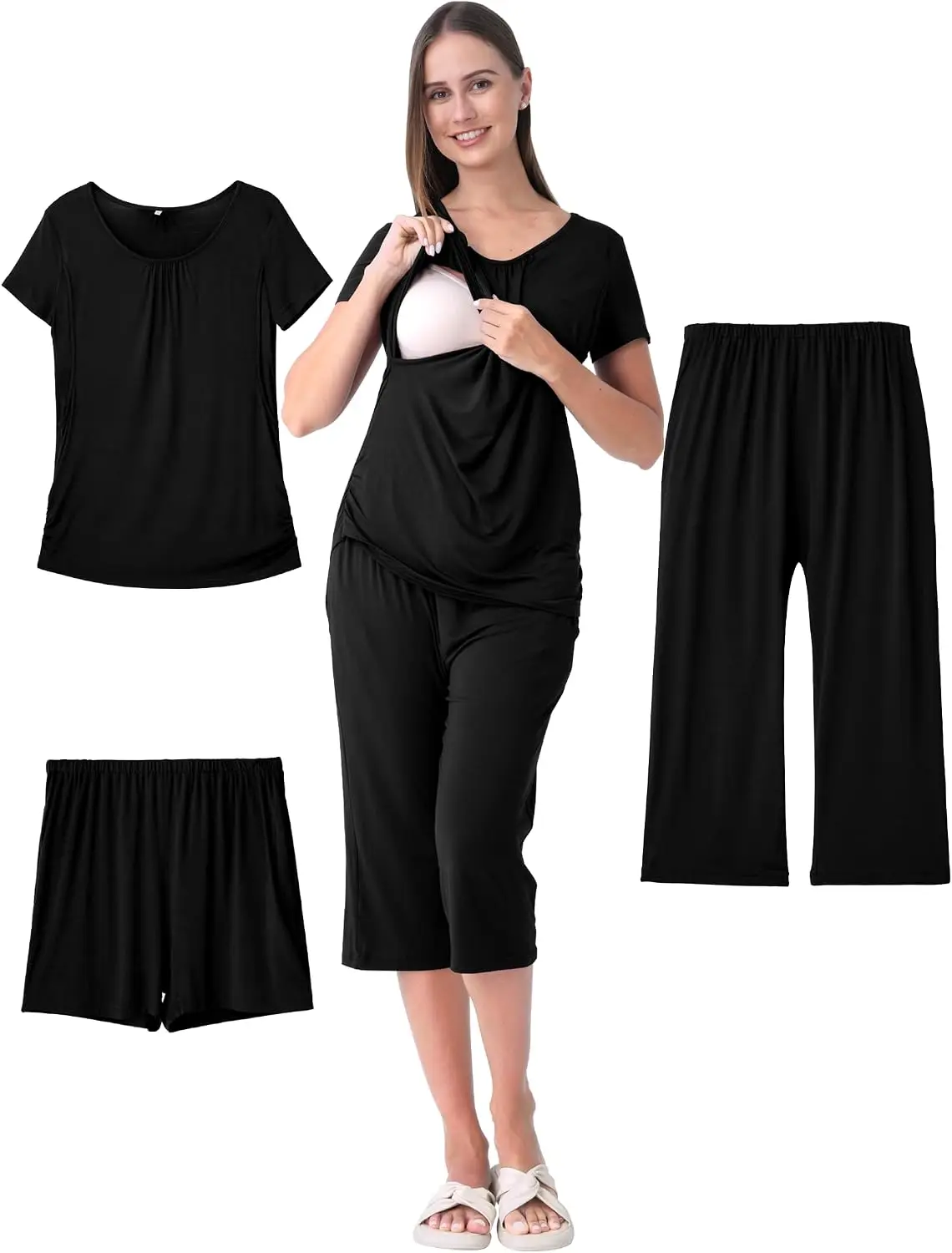Women's 3-Piece Maternity & Postpartum Nursing Pajamas Set - Short Sleeve Breastfeeding Top with Easy Nursing Access, Adjustable Shorts, Capri Pants with Pockets, Pregnancy Sleepwear