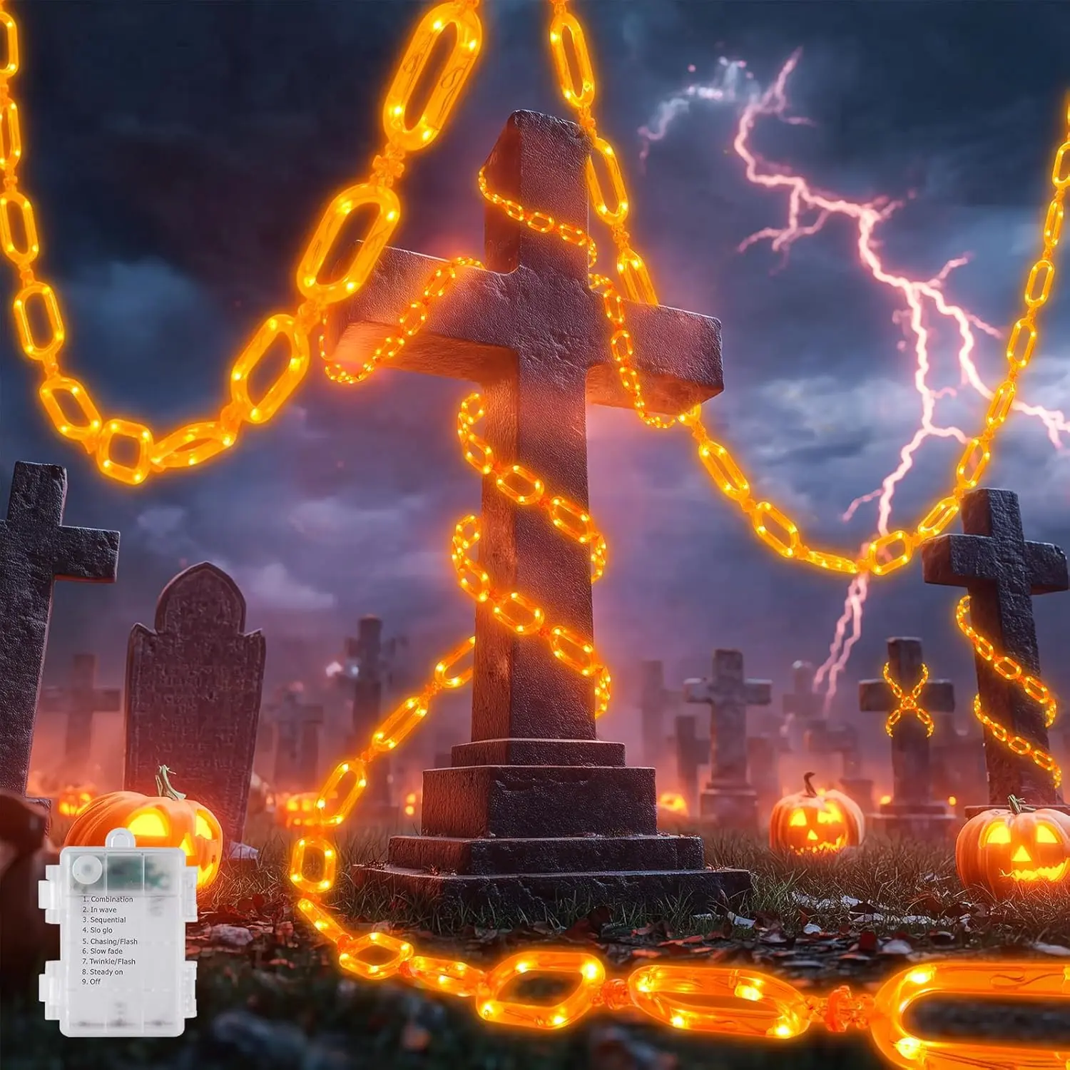 Halloween Spooky String Lights, Battery-Operated 10 Ft Orange Chain Lights with 8 Lighting Modes, Waterproof Ornaments for Trees, Indoor-Outdoor Festive Decor, Ideal Gift