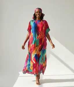Walking Masterpiece Vibrant Resort Wear Maxi Kaftan Set Silky & Breathable Colorful Vacation Dress  Colorful Flowy Maxi Dress