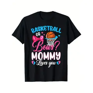 Gender Reveal Baby T-Shirt - Basketball or Bows Mommy Loves You Graphic Print, Black Loose Fit Casual Tee with Pink & Blue Design, Machine Washable for Baby Showers & Gender Reveal Parties, Gender Reveal Decorations