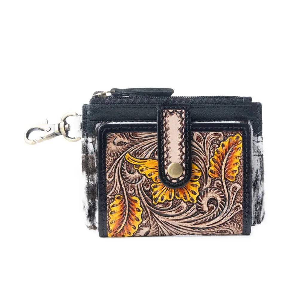 Women's Myra Wildflowers of the Prairie Hair-On Hide Credit Card Holder Wallet - Black & Brown, Classic Western Compact Wallets for Women, Classic Western Women's Wallets