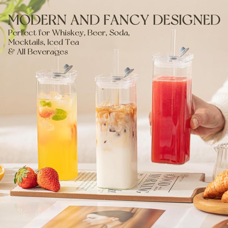 8 Sets Glass Cups with Lids & Straws, Square Ribbed Drinking Glasses with Lids, Clear Highball Tumblers for Cocktail, Coffee, Juice, Beer, Modern Mixed Drinkware Jars