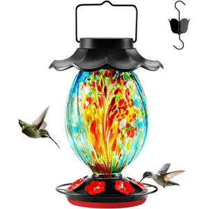 Solar Hummingbird Feeder - 49 fl.oz Hand Blown Glass Color Changing - 7 Feeding Ports with Perch - Never Leak -  Hummingbird Feeder for Outdoors Hanging (Blue)
