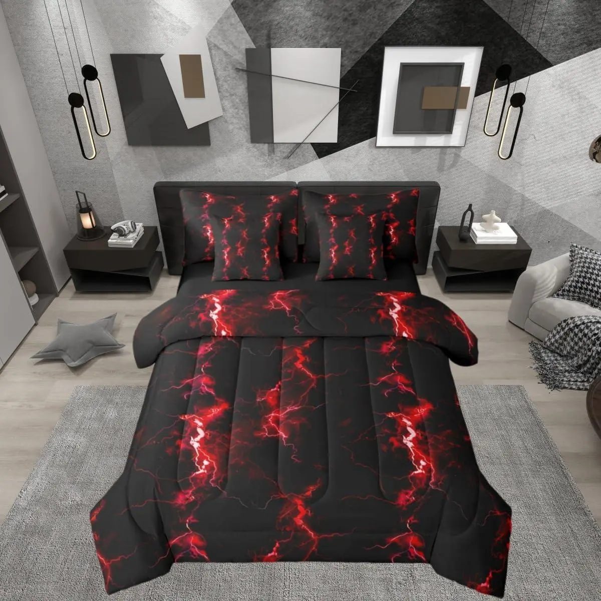 Teens Black Red Neon Light 7 Piece Bedding Set,| Ombre Lightning Pattern Comforter Set with Sheets Abstract Aesthetic Bed in A Bag Modern Art Bed Sets