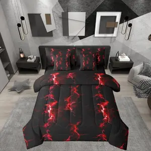 Teens Black Red Neon Light 7 Piece Bedding Set,| Ombre Lightning Pattern Comforter Set with Sheets Abstract Aesthetic Bed in A Bag Modern Art Bed Sets