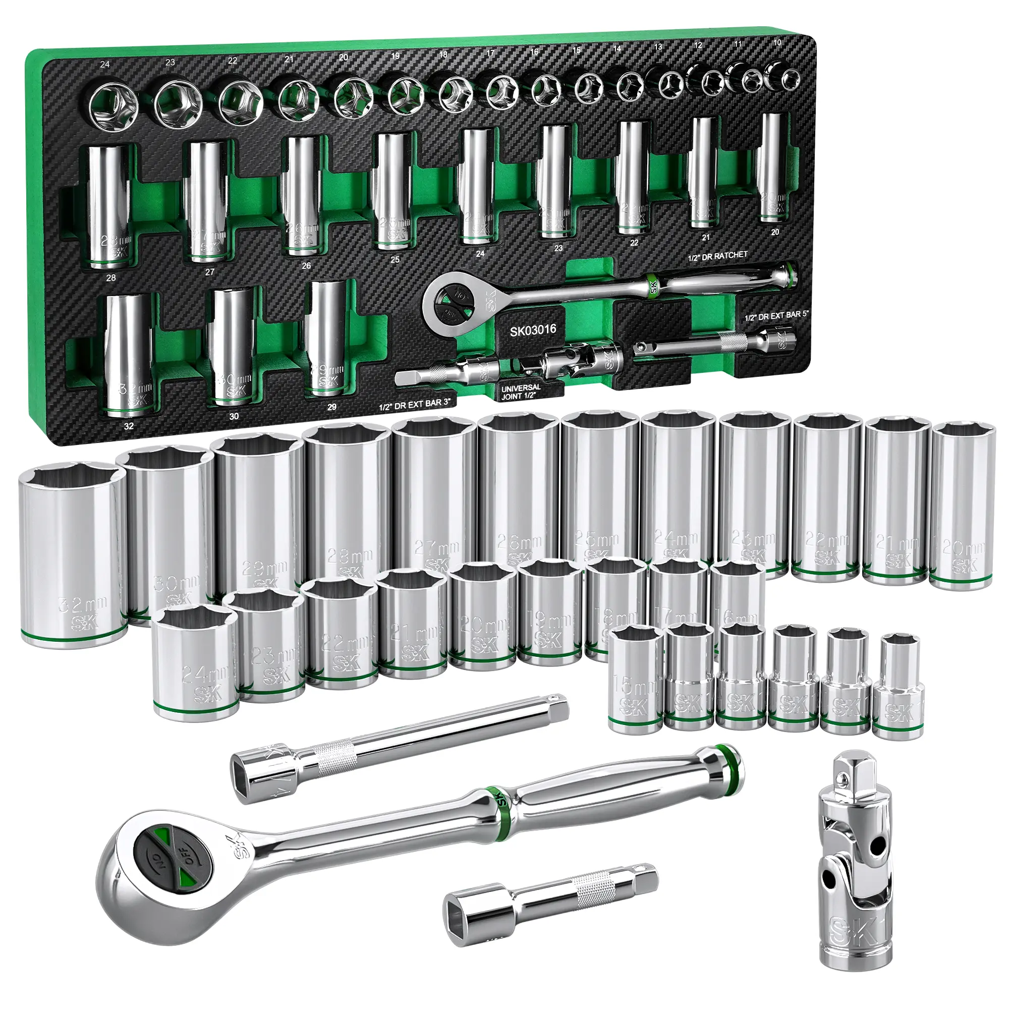 #fathersdaygift SK 1/2" Drive Socket Set with 160-P Ratchet, SuperKrome Finish, Premium CR-V Construction, with EVA Foam Tool Organizer