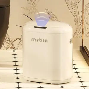 MRBIN Automatic Adsorption Metal Trash Can for Bathroom, Touchless Garbage Bin with Lid, 3.2 Gallon Slim Trash Can for Office and Bedroom, Electric Motion Sensor Waste Basket, Cream White, Eclipse Grey