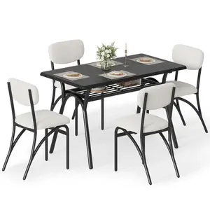 GARVEE Stylish GARVEE Dining Table Set for 4 with Boucle Chairs, featuring a Modern Rectangular Design and Convenient Storage Rack, available in Beige & Black, Beige & Marble, or Grey & Marble finishes.
