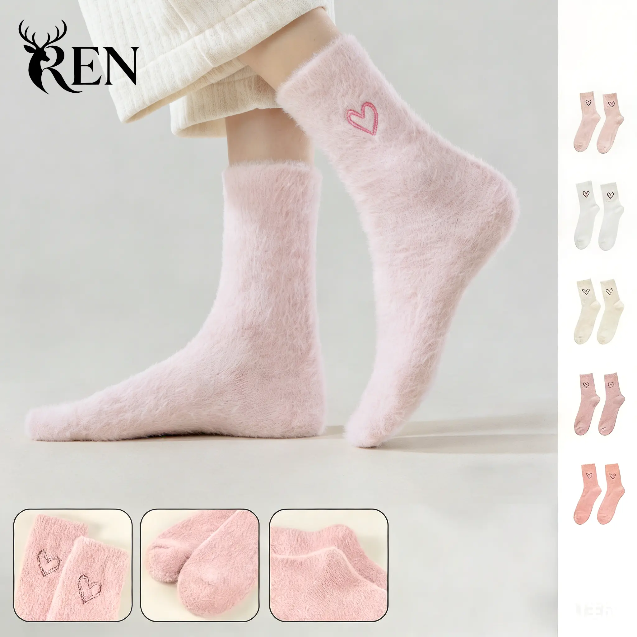 Women's 5-Pack Heart-Shaped Mid-Calf Socks, Smooth Fluffy Warm Plush Bright Basic Style for Autumn Winter Wear