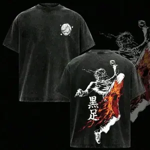 Sanji Black Leg One Piece Unisex Oversized Graphic T-Shirt, Vintage Washed Soft Cotton Tee, Diable Jambe Flame Anime Print Retro Streetwear, Casual Summer Cosplay Outfit, Ideal Gift For One Piece Anime Fans F3U