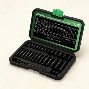 1/4-Inch Drive 12-Point Impact Socket Set, 29-Piece Metric CR-V, 4-15mm Shallow and Deep, Includes Drill Adapter, Reusable Professional Sockets