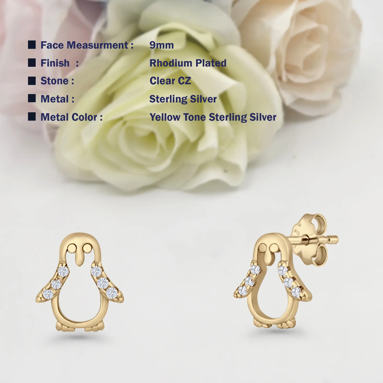 9mm Penguin Stud Earrings Push Back CZ 925 Sterling Silver Women Round Earring
