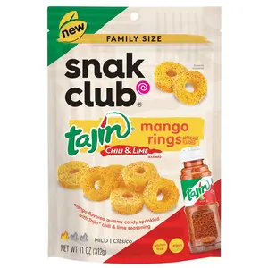Snak Club Tajin Mango Rings Gummy Candy, Fruit Candy Gummies with Chili and Lime Seasoning, Mild, Gluten-Free and Vegan Snacks, 11 oz Resealable Bag