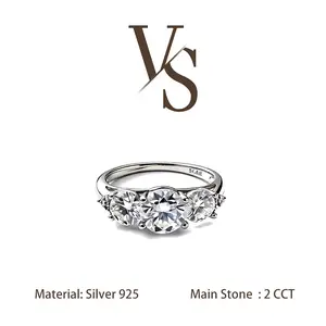 [Venus Jewelry] Synthetic Moissanite 2 CCT Round Cut Three Stone Design VVS 1 D Color Solid Silver 925 Solitare Ring