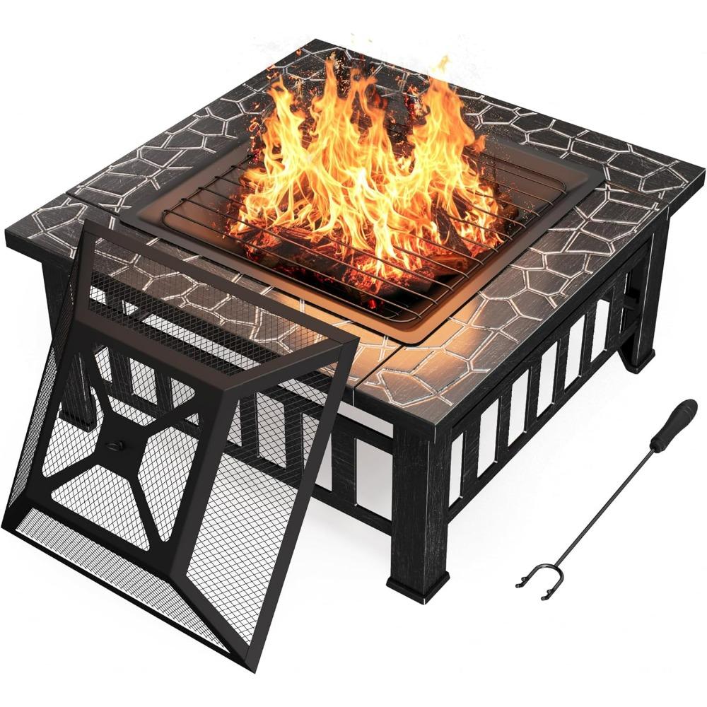 Devoko Outdoor Fire Pit, 32 Inch Firepit Table Metal Outdoor Fireplaces with Waterproof Cover for Outside Patio Camping (Silver)