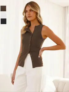 Women's Solid Button Front Vest Blazer, Casual Sleeveless Collared Top for Summer, Ladies Clothes for Daily Wear