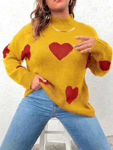 Plus Size Women's Contrast Color Knit Blend Turtleneck Heart Heart Print Long Sleeve Casual Pullover Sweater, Fashionable Spring & Fall Wear