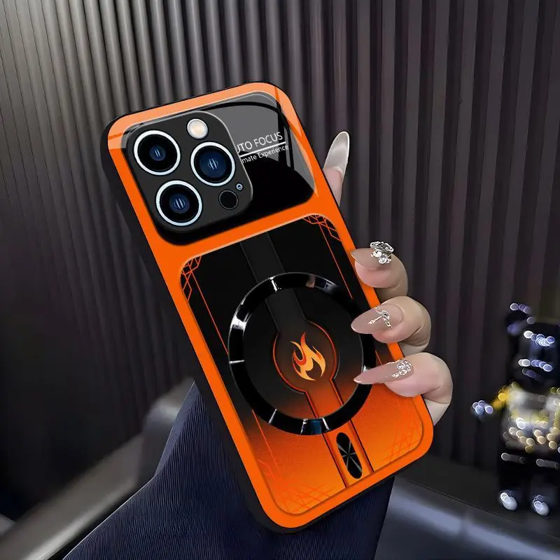 Cyber Mecha Flame MagSafe-Compatible High-Gloss Tempered Glass Smartphone Cover, Shockproof Frame Cellphone Casing for [iPhone 12 Pro] 952, Mobile Phone Accessories