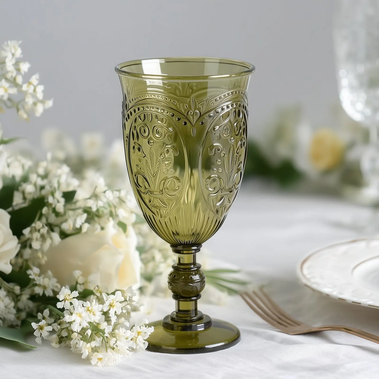 24-Pack Vintage Plastic Embossed Etched Goblets - 10oz Transparent Dusty Sage Green 7in Tall Drinking Glasses, Glasses for Drinking, Elegant Water & Juice Cups, Elegant Drinking