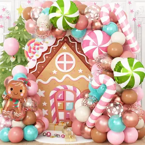 Gingerbread Balloon Garland Kit 134Pcs Christmas Balloons Arch Kit Pink Brown Rose Gold Teal Blue Balloons With Candy Cane Foil Balloon New Year Xmas Cookie Exchange Gingerbread House Party Decoration