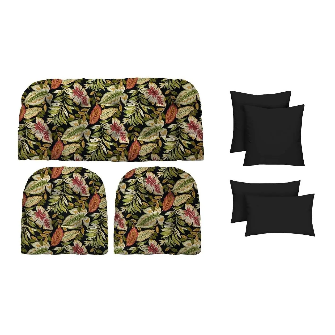 RSH Décor Tufted Wicker Cushion Set with Pillows for Indoor/Outdoor Use, 7 Pieces, Twilight Tropical Palm Leaf & Black, Made in USA
