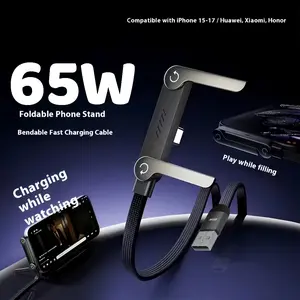 VICDONE Foldable Stand Charging Cable for Carplay, Folding, USB-C Super Fast Charger 65W PD Fast Charger Braided with Phone Stand Foldable Design, Charging While Watching, Compatible with iPhone 15-17 Series, Samsung S10/S10+, LG V30