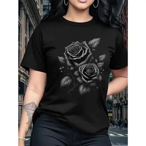 Women's Light Blue Yellow Rose Print Short Sleeve Round Neck T-Shirt - Medium Stretch Comfortable Fabric, Suitable for All Seasons, Machine Washable Breathable Casual Top, Loose Fashion Pattern Shirt, Must-Have for Trend Enthusiasts