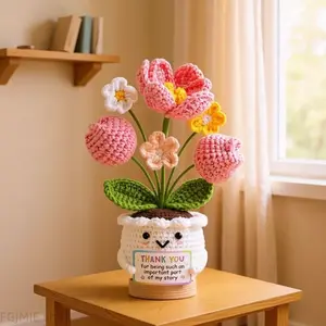 Includes shipping fee. Handmade crochet artificial potted flowers—full of emotional value; yarn flower ornament for desktop decoration; creative gift; fake flowers for birthdays.