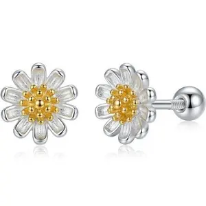 925 Silver Plated Daisy Screw Back Stud Earrings, Mini Floral Earrings with Gold Center, Secure Fit Earrings for Women,summerwins