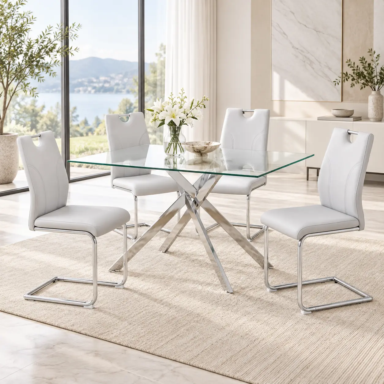 【Shipped In 2 Packages】5-Piece Dining Table Set for 4,Modern Rectangular Tempered Glass Dining Table with 4 PU Leather High Back Chairs, Space-Saving Dining Room Table and Chairs Set of 4 with Metal Legs for Kitchen,Apartment
