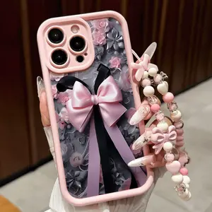 Ballet Style 3D Bow Rose Pattern Phone Case with Lanyard, Tpu Shockproof High Edge Staircase Cover, Compatible with Apple Models