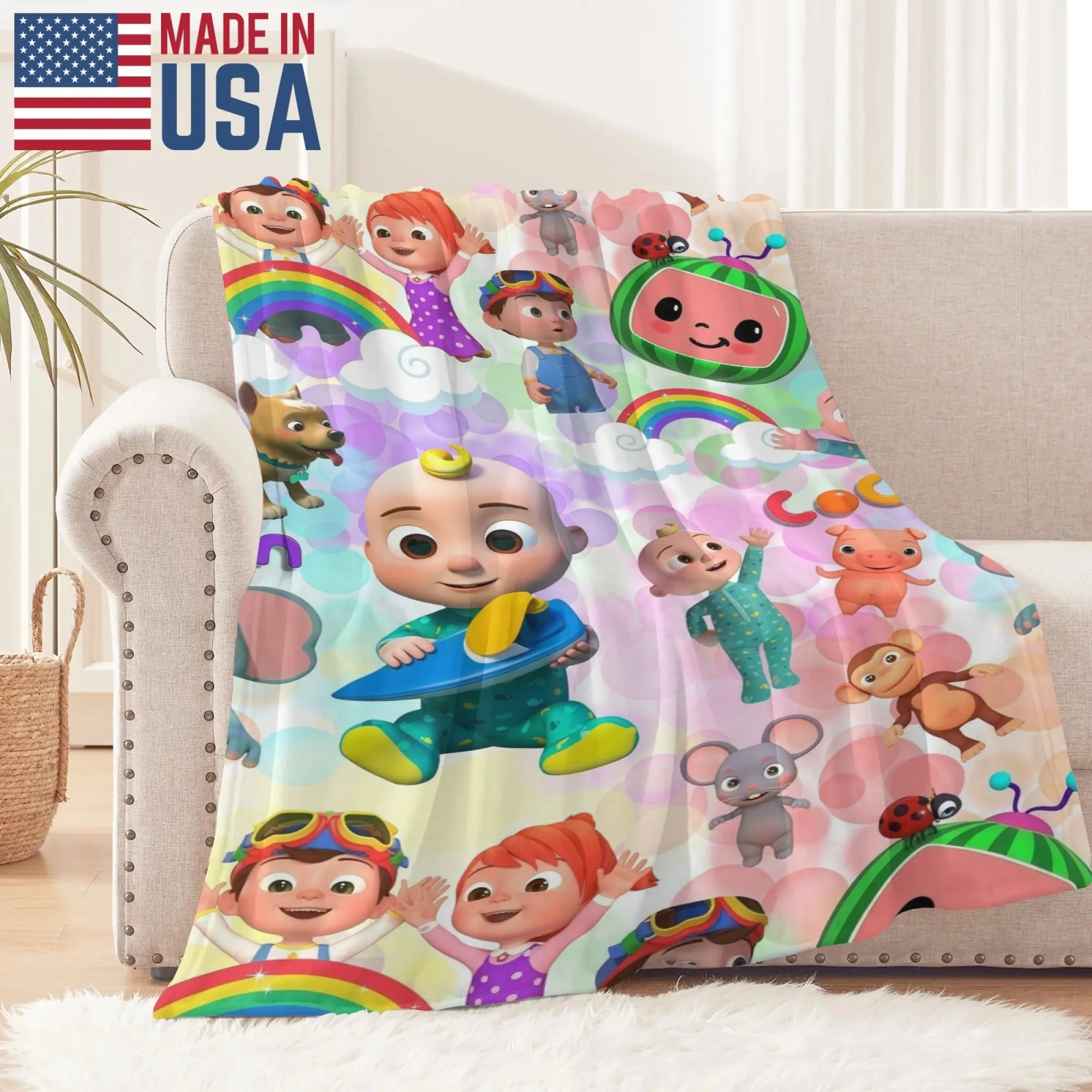 CoComelon JJ & Friends Themed Flannel Blanket – Bright Pastel Bubble Background, Adorable Cartoon Characters, Skin-Friendly Material, Great Birthday/Christmas Gift for CoComelon Fans