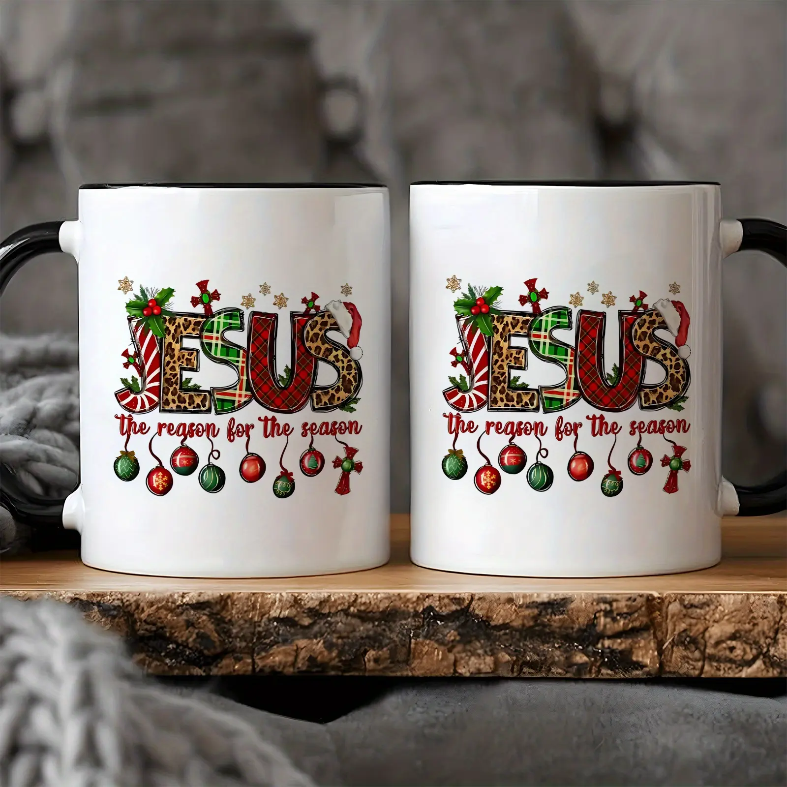 1pc, 11oz Religious Christmas Coffee Mug The Reason for The Season Coffee Cup, Leopard Print with Holly Berries And Candy Cane Patterns, Christian Festive Drinkware for Men Women, Christmas