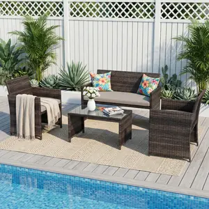 4-Piece PE Rattan Patio Bar Set, All Weather Outdoor Conversation Set with Steel Frame, Tempered Glass Bar Table and Removable Cushioned Armchairs Loveseat for Backyard Porch Garden outdoorfun