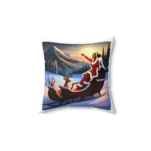 Black Mrs. Clause Riding Santa's Sleigh Polyester Square Pillow