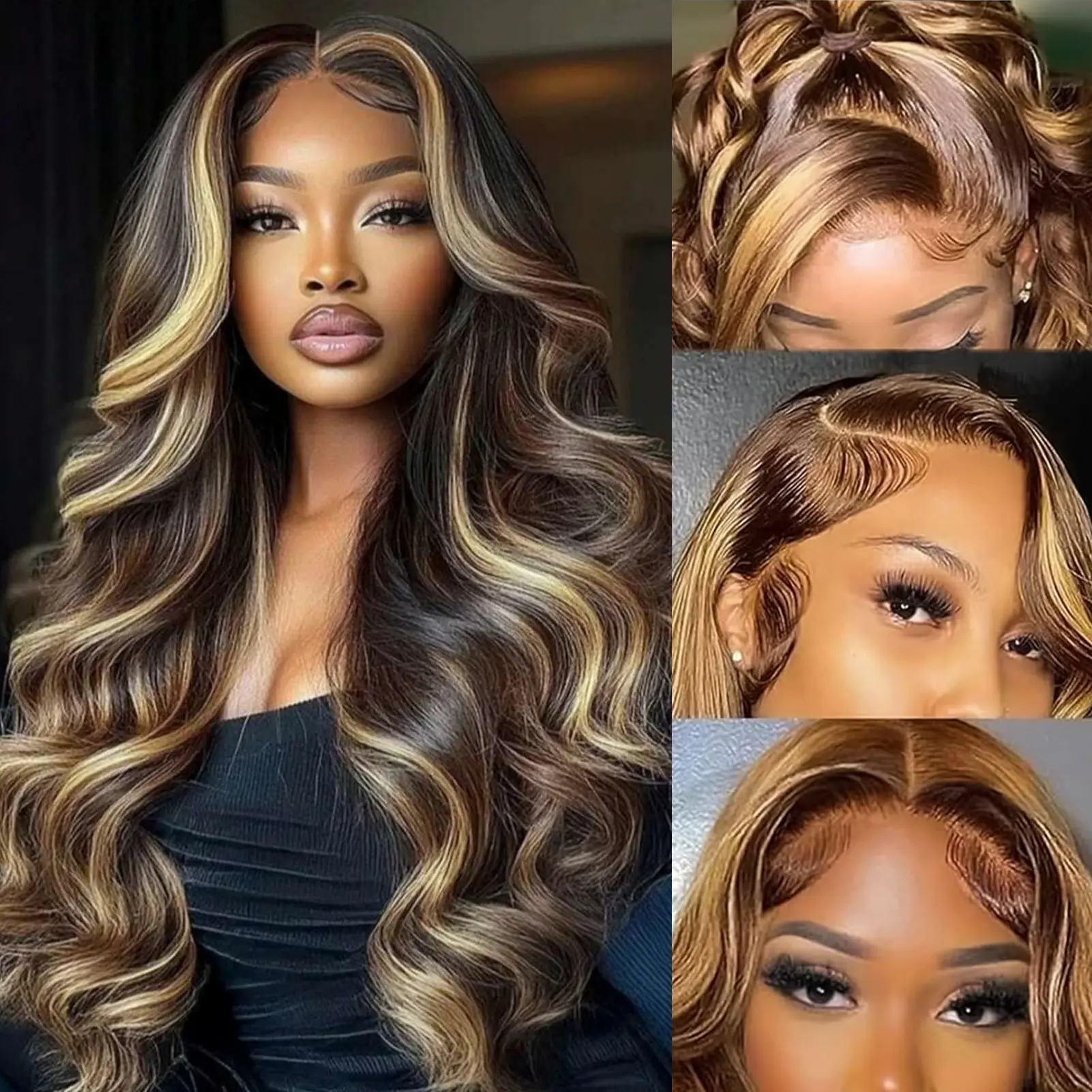 MIRELLE 13x6 Synthetic Highlight Honey Blonde Lace Front Wigs for Women HD Transparent Body Wave Lace Frontal Wig Pre-Plucked with Baby Hair Heat Resistant Fiber 30 Inches 220 Density #4/27