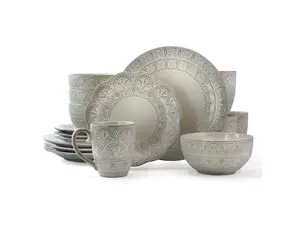 Elama White Lace 16 Piece Luxurious Stoneware Dinnerware with Complete Setting for 4