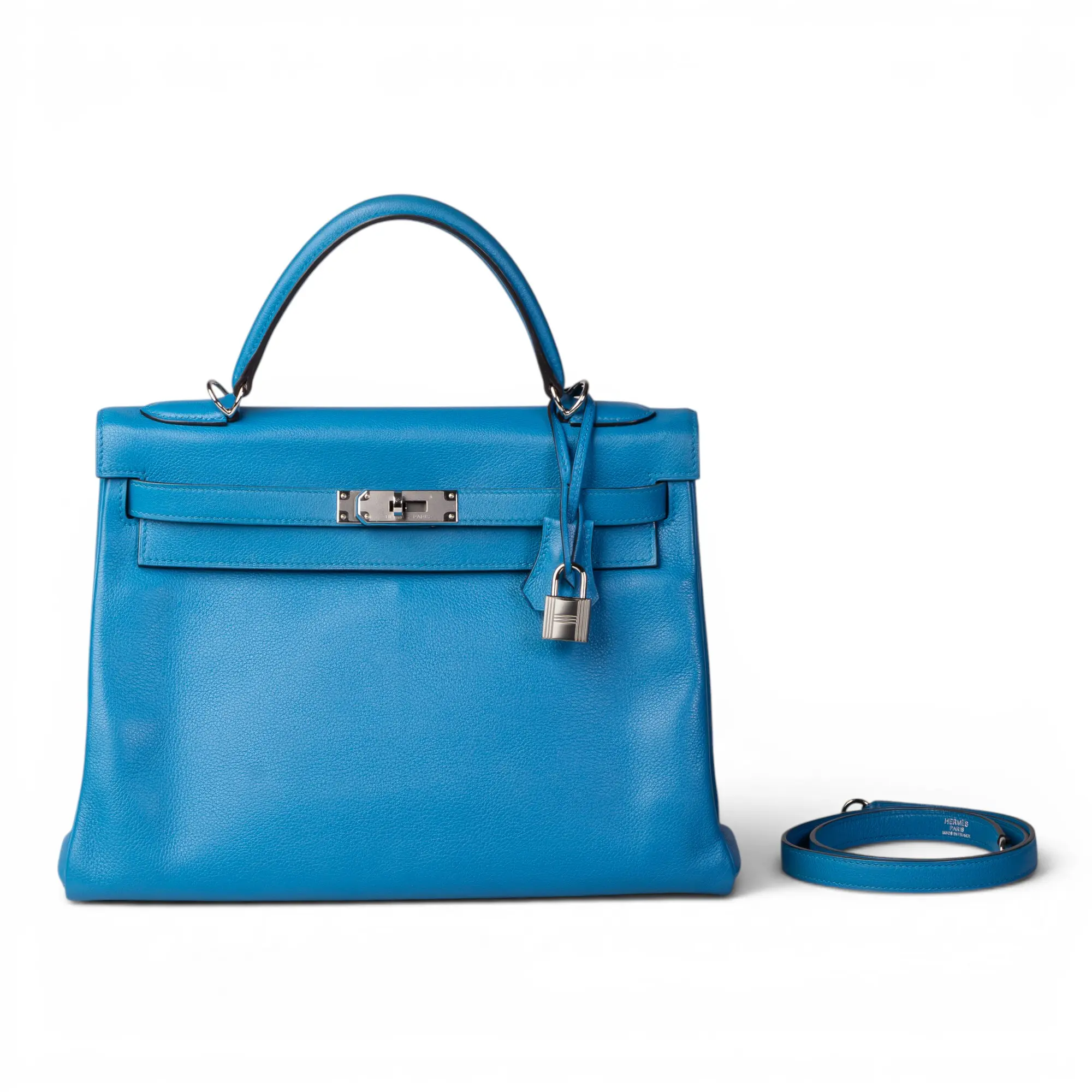 Pre-owned HERMÈS leather Shoulder Bags Kelly 32 Bleu Zanzibar Evercolor CN26070103