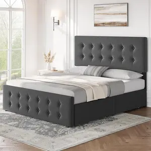 【Labor Day Sale】302 Full Size Bed Frame with 4 Storage Drawers and Adjustable Headboard Linen Upholstered Platform Bed with Button Tufted Design Light Gray