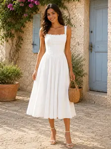 Women's White A-Line Midi Dress in Breathable Cotton, Elegant Sleeveless Corset Dress with a Square Neck and Adjustable Lace-Up Back