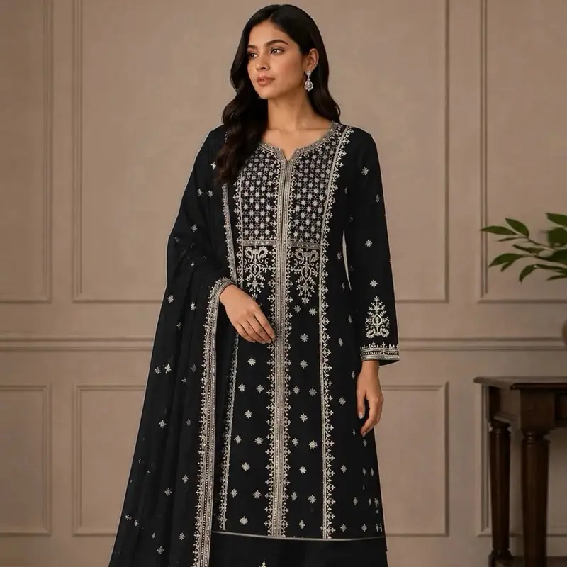 Black Georgette Embroidered Sharara Suit - Size 48/50 Big Size Ethnic Wear