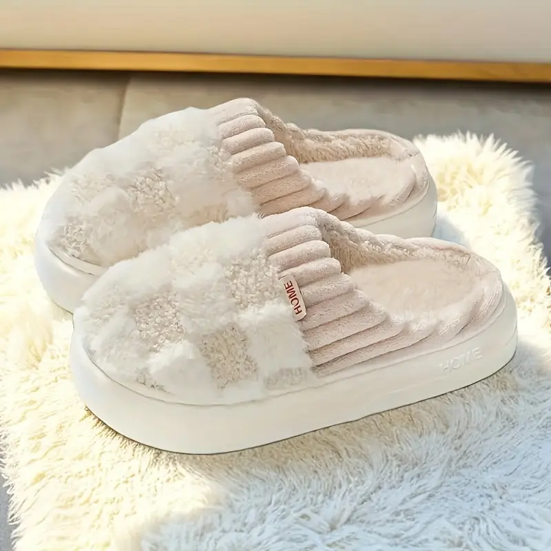 Women's Cozy Plush Slippers - Padded, Warm, Non-Slip Thick Sole Indoor Home Shoes with Ribbed Cuffs, Checkered Plaid, Elastic Fit, Fabric Upper, All-Season, Available in Beige, Pink, Green, Brown & More Colors