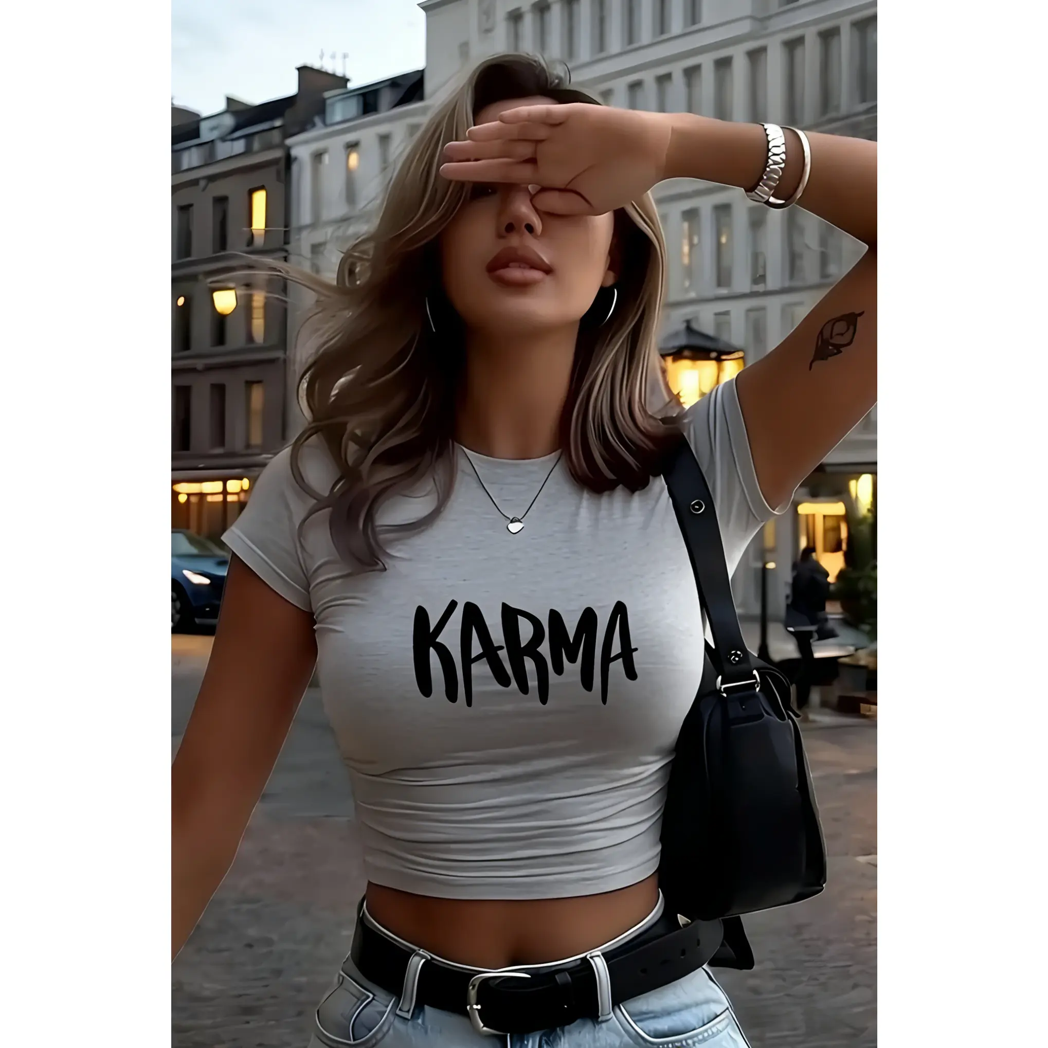 Women's Y2K style round neck short-sleeve T-shirt - bold "forKARMA" letter print, black and white contrast design, machine washable casual top for spring and summer