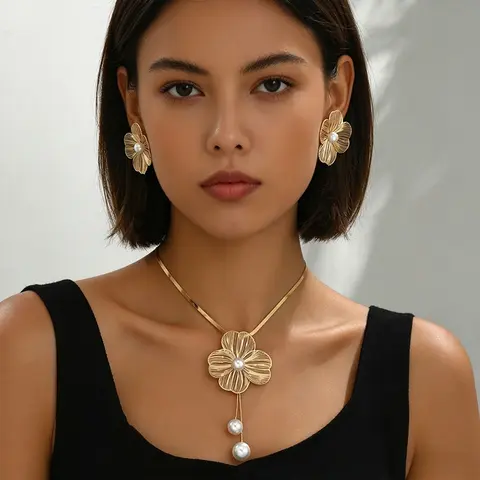 Women's 3-Piece 18K Gold Plated Floral Embellishment Elegant Basic Daily Female Jewelry Set - Bling Effect Set Includes Necklace, Earrings, Bracelet, Easter Gift for Mom