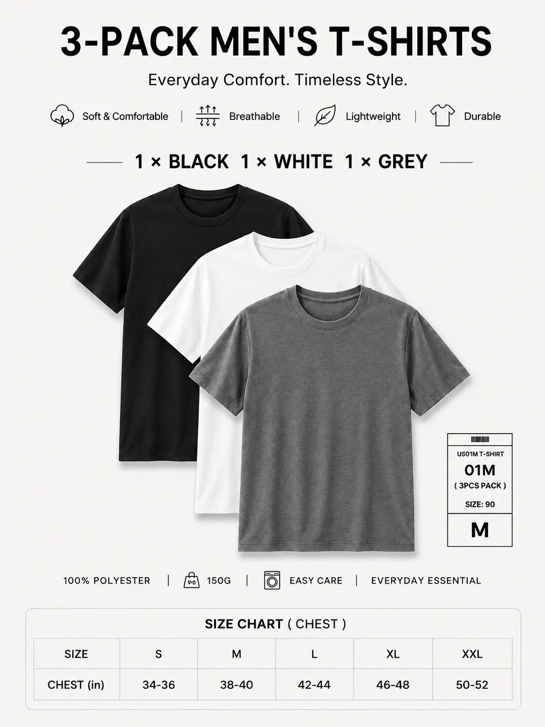 [01-M] Men's 3-Pack Crew Neck Short Sleeve T-Shirts, Breathable Casual Tees